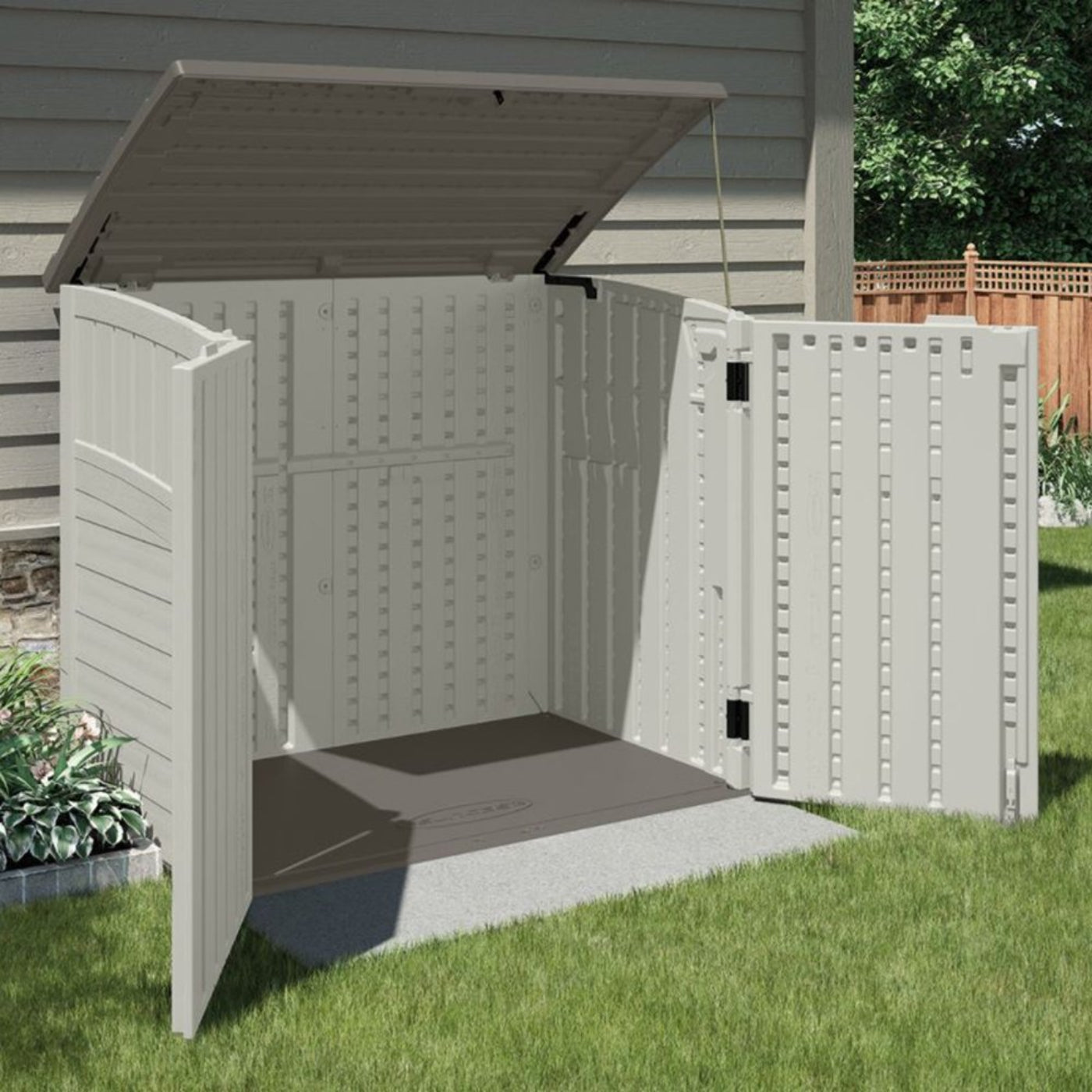 Suncast 34 Cubic Feet Horizontal Backyard Storage Stow Away Shed, Ivory (4 Pack) - 172828