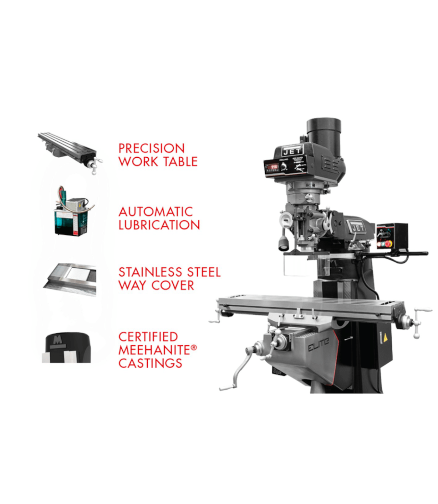 JET Elite EVS-949 Mill with 3-Axis ACU-RITE 303 (Quill) DRO and X-Axis JET Powerfeed - JT9-894338