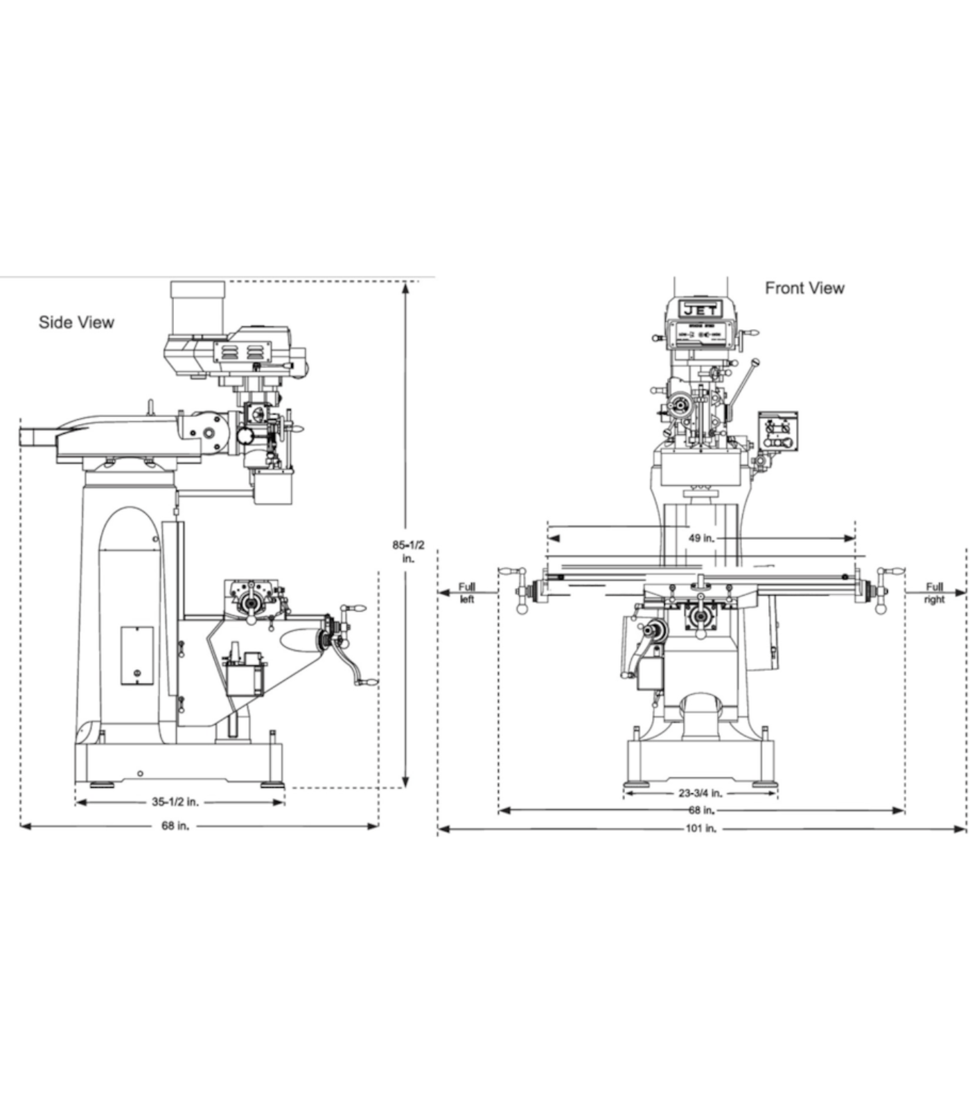 JET Elite ETM-949 Mill with X-Axis JET Powerfeed and USA Made Air Draw Bar - JT9-894104