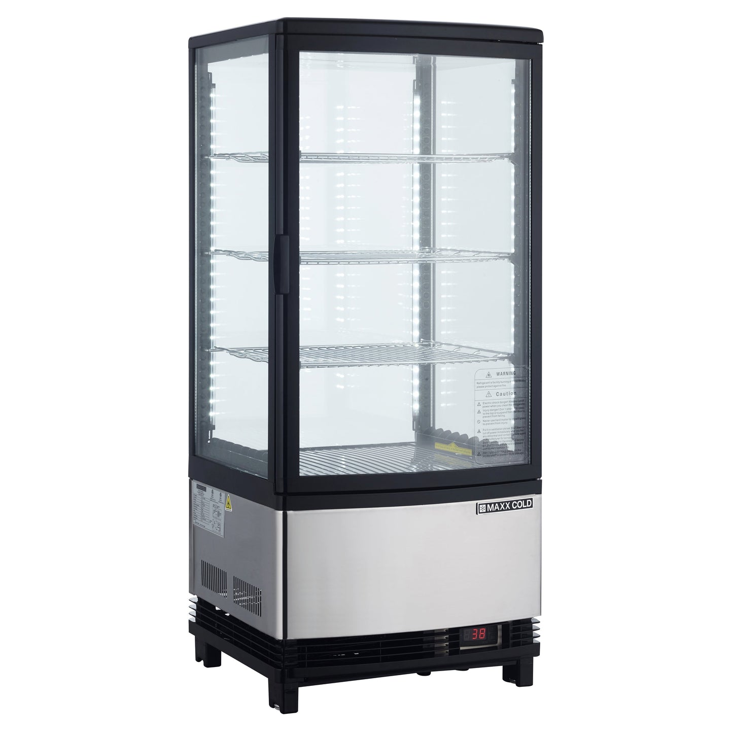 Maxx Cold 4-Sided Glass Merchandiser Refrigerator, Countertop/Floor Display, 16.7"W, 3 cu. ft. Storage Capacity, in Black/Stainless Steel - MECR-31D